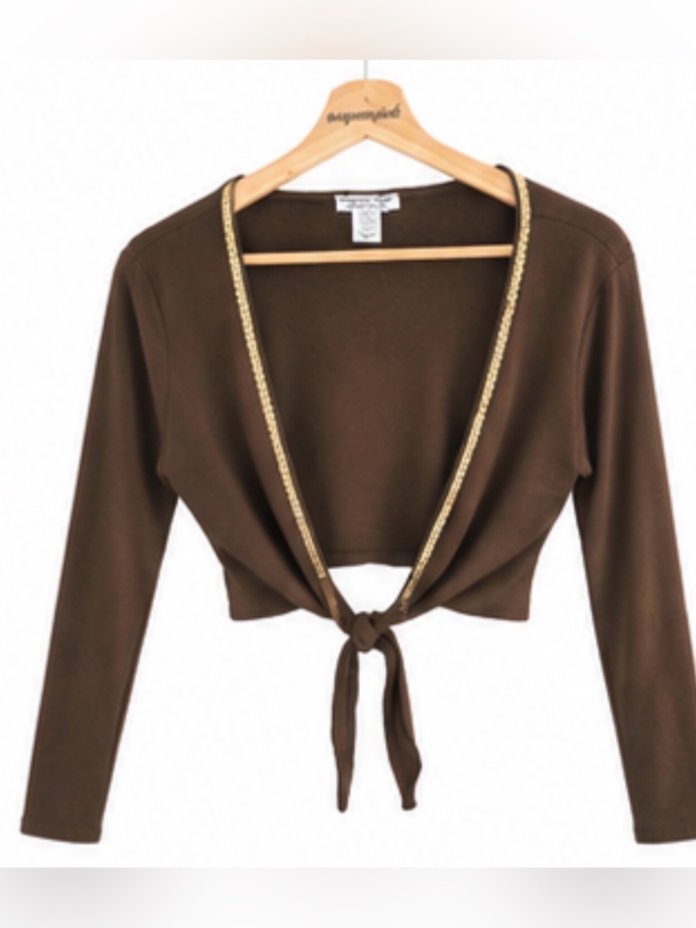 Brown Tie-Front Crop Top | Gold Trim Boho Chic - Picture 8 of 12